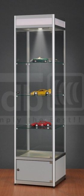 Messevitrine mit beleuchteter Werbeblende und  abschlie&szlig;barem Stauraum