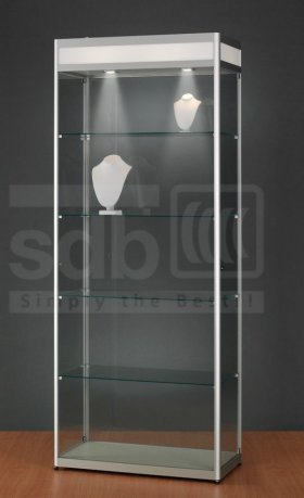 Ausstellungsvitrine mit beleuchteter Blende f&uuml;r Firmanloge