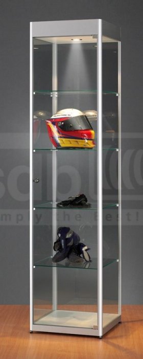 Ausstellungsvitrine mit beleuchteter Blende f&uuml;r Firmanloge