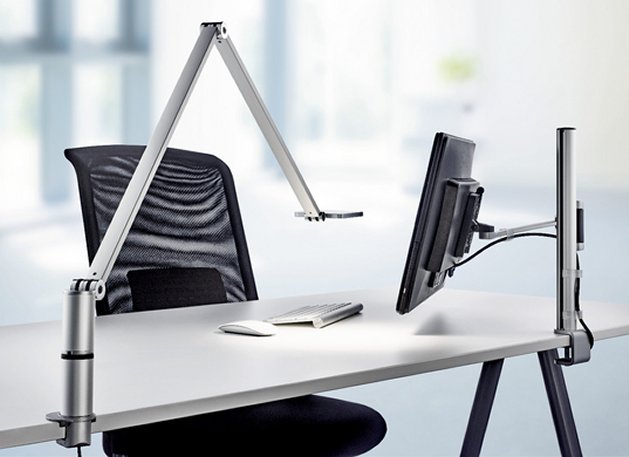 hochwertige LED-Schreibtischlampe und Monitor-Tischhalterung mit Schraubzwinge