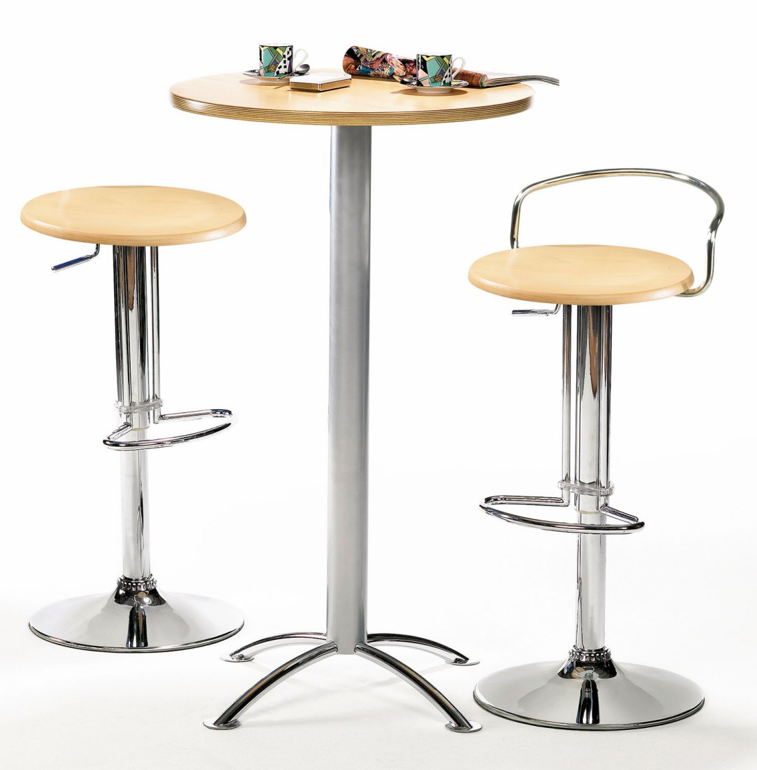 Stehtisch und Barhocker mit drehbarem Holzsitz (buchenfarbig