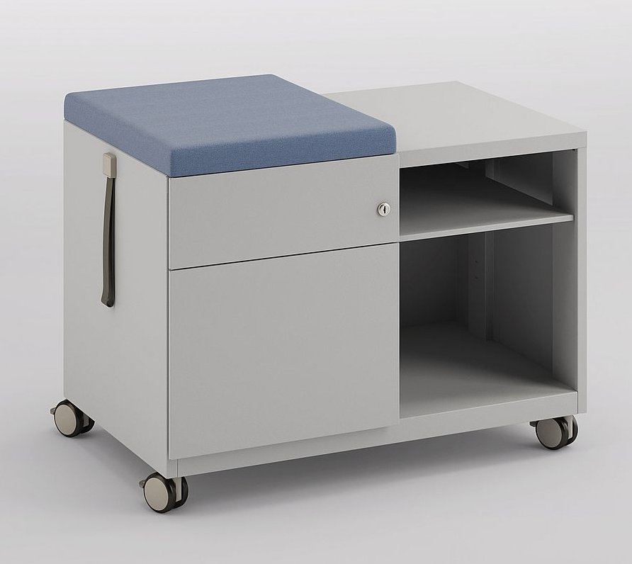 Schreibtisch-Rollcontainer aus Metall zum Draufsitzen geeignet