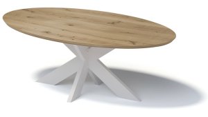 Tisch mit ovaler Eichenholz-Tischplatte auf weißem Stahlgestell sternförmig