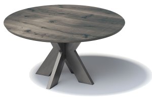 massiver Tisch mit runder Eichenholz-Tischplatte in schiefergrau auf X-förmigen Stahlgestell