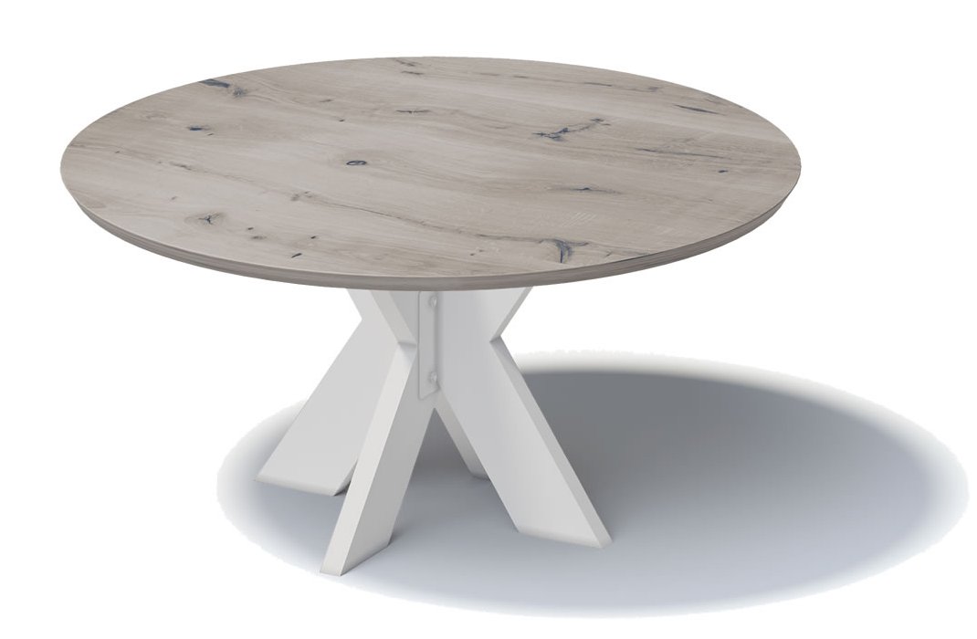 runder Esstisch mit weißer Eiche-Massivholz-Tischplatte Durchmesser 160 cm auf X-förmigen Stahlgestell