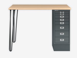 kleiner Homeoffice-Schreibtisch mit Schreibtischcontainer als Tischplattenablage