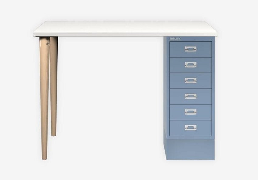 kleiner Schreibtisch für das Heimbüro mit hellblauen Schreibtischcontainer und 2 runde Tischbeine aus Eiche-Massivholz