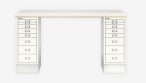 Homeoffice-Schreibtisch mit kalkfarbenen Schubladenschrank