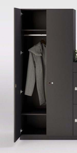 moderner Büro-Garderobenschrank massiver Holzkorpus kohleschwarz 