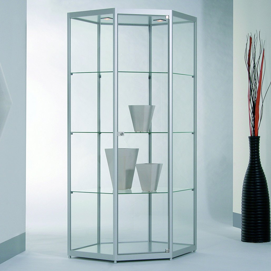 freistehende Sechseck-Schrankvitrine bruchfest Sicherheitsglas