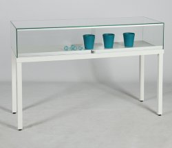 robuste 4-Bein-Tischvitrine Stahlgestell weiß pulverbeschichtet