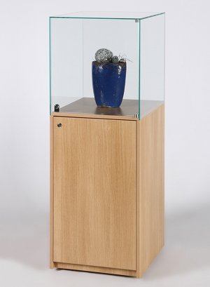 abschließbare Glashaube auf Holzdekor-Sockel mit Staufach