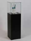 schwarze Sockelvitrine mit fest montierter Glashaube