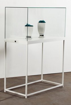Exponat-Sockelvitrine: rechteckige Glashaube verriegelbar auf offenen Metallgestell
