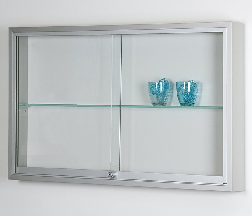 robuster Wandschaukasten mit schmalem Klaglas-Einlegeboden in RAL-Farbe nach Kundenwunsch