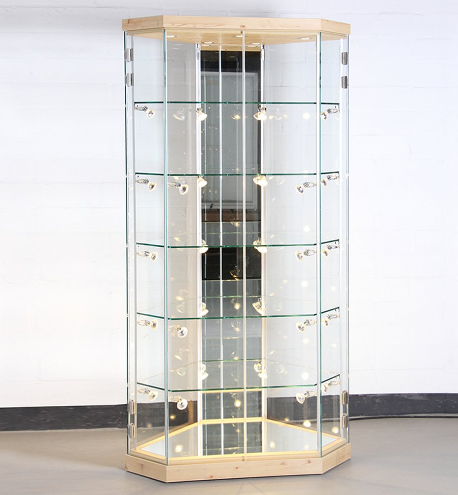 Rahmenlose, sechseckige Standvitrine / Sammlervitrine Boden Rückwand mit Spiegelglas