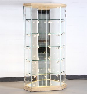 sechseckige Sammlervitrine mit Spiegelboden, Spiegelrückwand und 2 Drehtüren