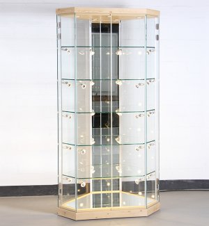 sechseckige Sammlervitrine mit Spiegelboden, Spiegelrückwand und 2 Drehtüren