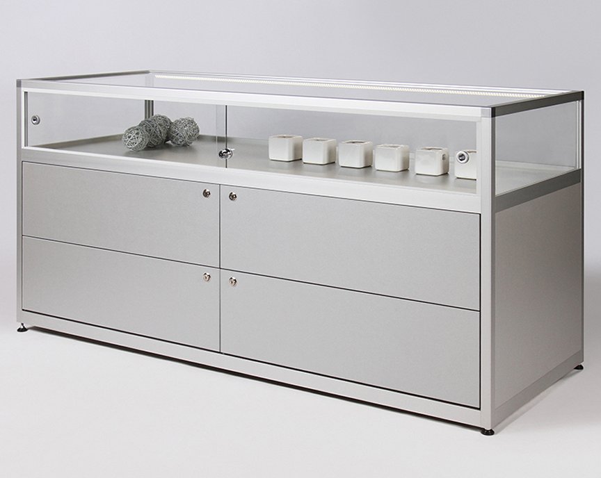 abschließbare und robuste Thekenvitrine Breits x Höhe x Tiefe = 200 x 100 x 65 cm mit Push-to-open-Schubladen
