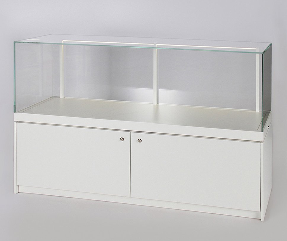 rechteckige Sockelvitrine Breite x Tiefe x Höhe = 160 x 80 x 110 cm mit einer aufklappbaren Glashaube