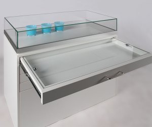 rechteckige Thekenvitrine auf robustem Sockel mit 4 flachen Schubladen