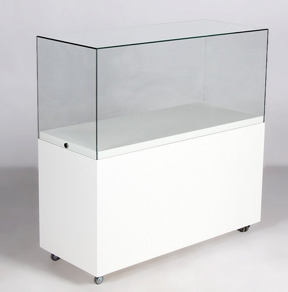 mobile staubdichte Thekenvitrine mit Laufrollen und verriegelbarer Glashaube