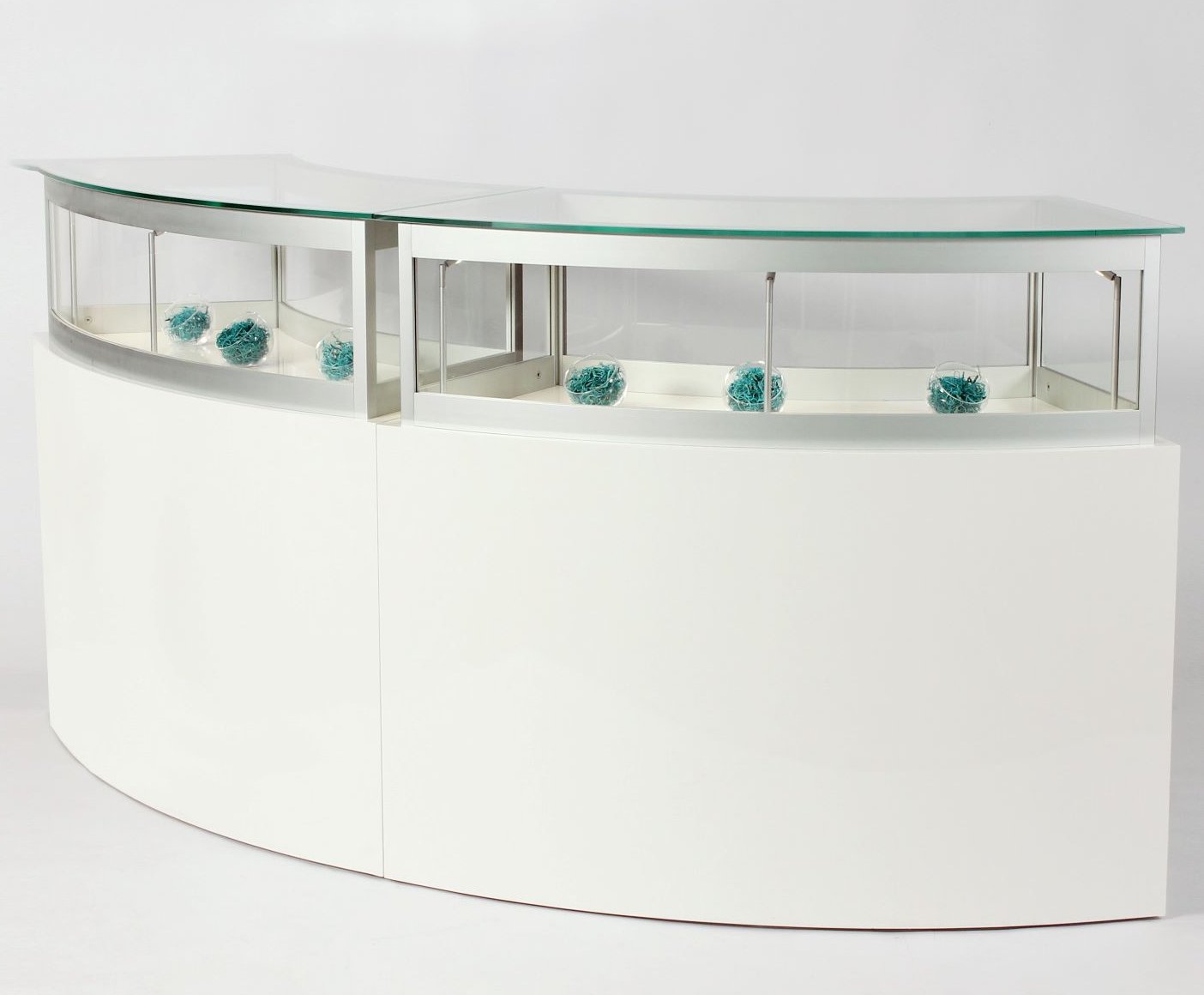 viertelrunde Thekenvitrine mit Stauraum 240 x 40 x 110 cm