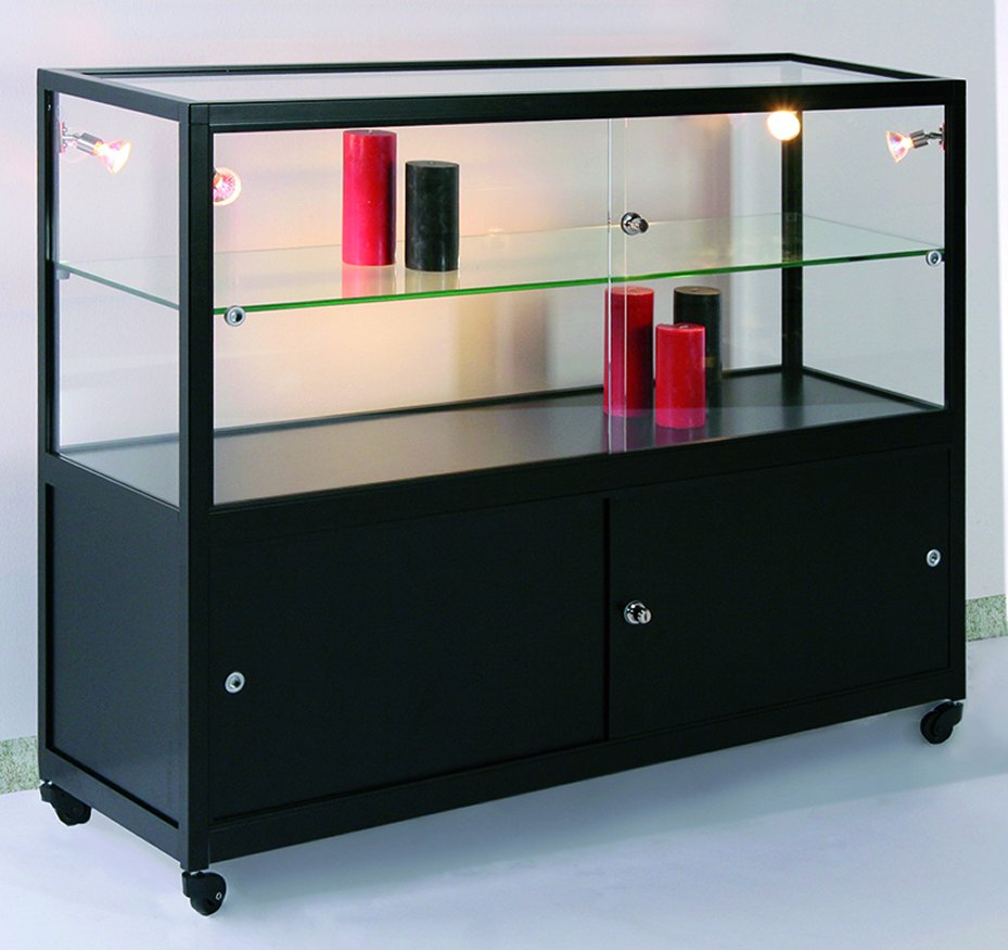 schwarze Thekenvitrine mit abschliebarem Unterschrank