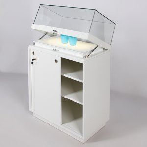 Thekenvitrine mit aufklappbarer, abschließbarer Vitrinenhaube und beleuchteter Präsentationsfläche