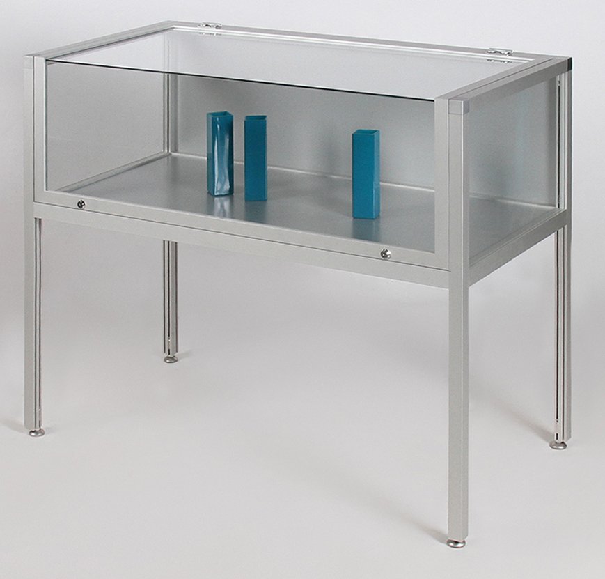 Tischvitrine mit aufklappbarem Oberteil auf robustem Vierkant-Metallgestell