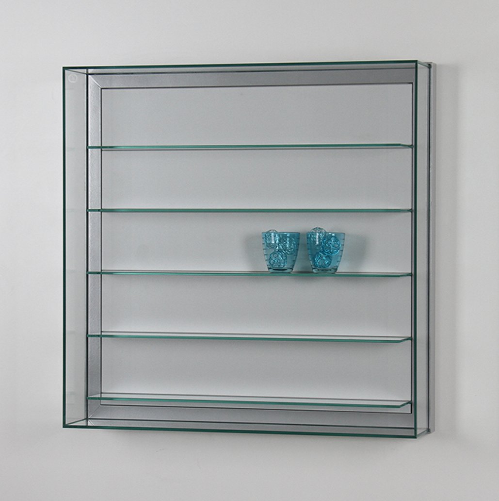schmale Hängevitrine Tiefe = 15 cm Sicherheitsglas-Glashaube mit Gasdruckfedern-Öffnung