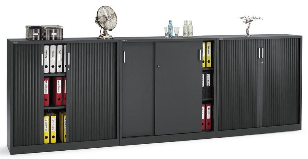 anthrazitfarbener Büro-Rollladen-Metallschrank