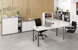 Schreibtisch mit weißer Tischplatte mit graphitfarbenen Regalschränke