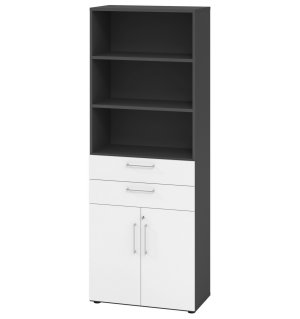 hochwertiger Büroschrank  6 Ordnerhöhen, graphit / weiß) mit Drehtüren, Schubladen und 3 offene Regalfächer