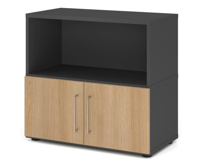 Büroschrank in 2 Ordnerhöhen mit doppelflügeligen Drehtüren und offenem Regalfach 