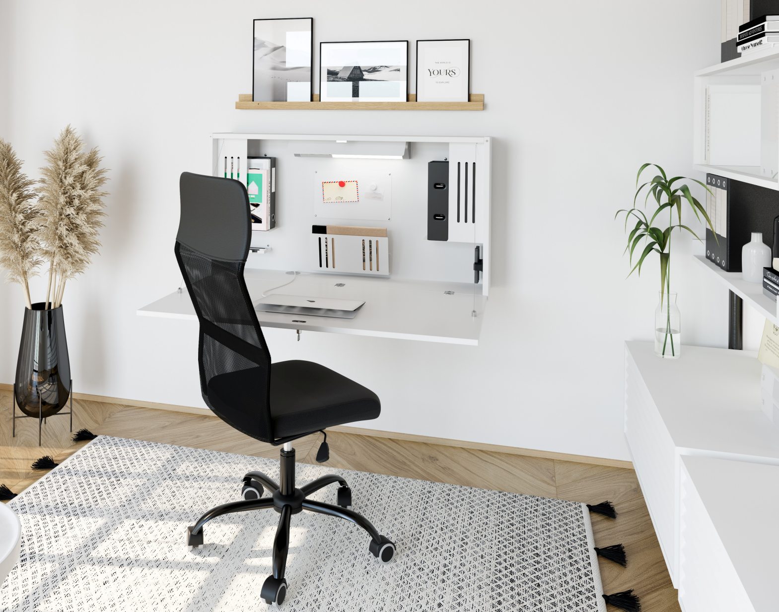 abschließbarer Wandschreibtisch mit Beleuchtung, aufklappbare Schreibtischplatte und USB-Ports
