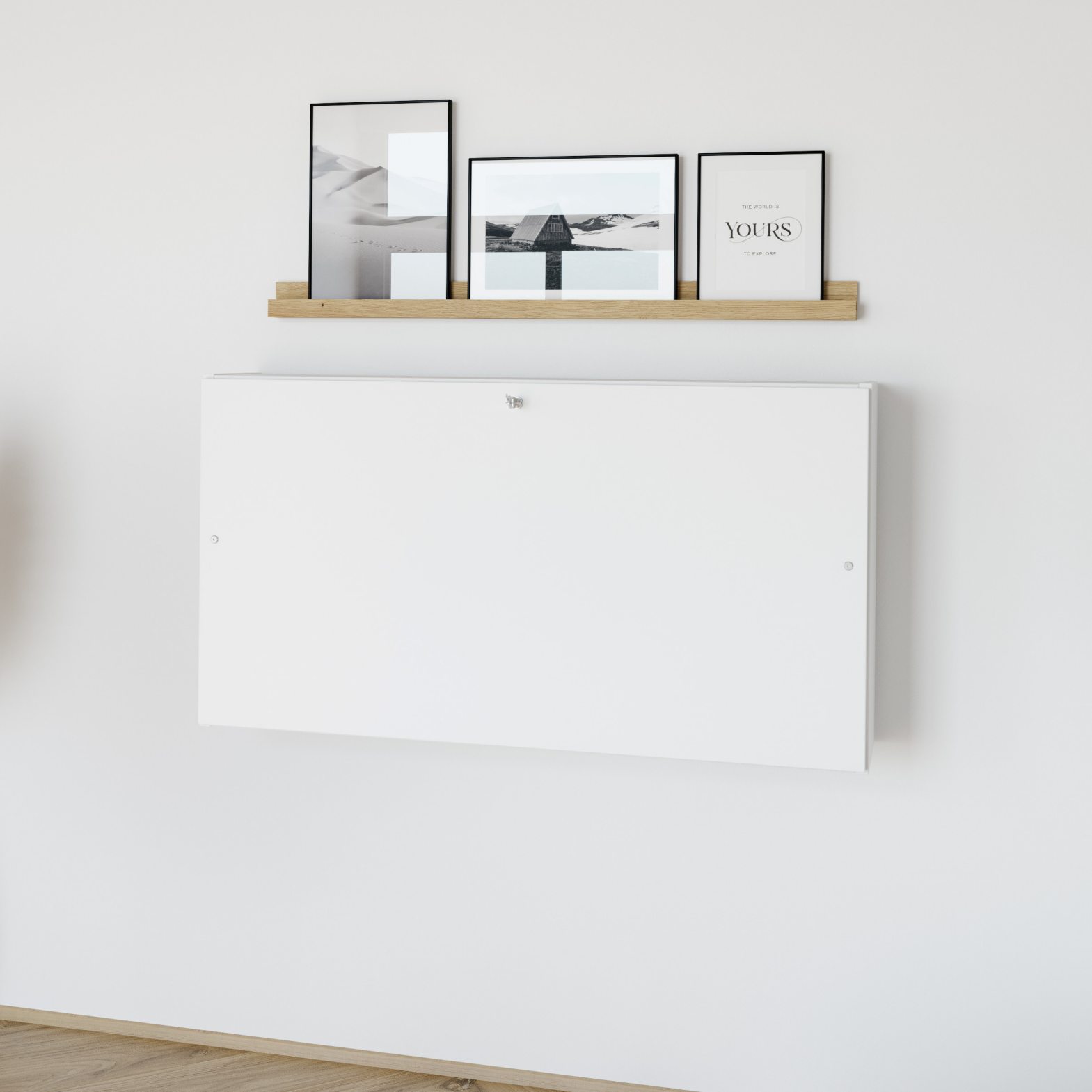 Schreibtisch zur Wandmontage mit aufklappbarer Arbeitsplatte, Beleuchtung, Steckdosen und USB-Ports