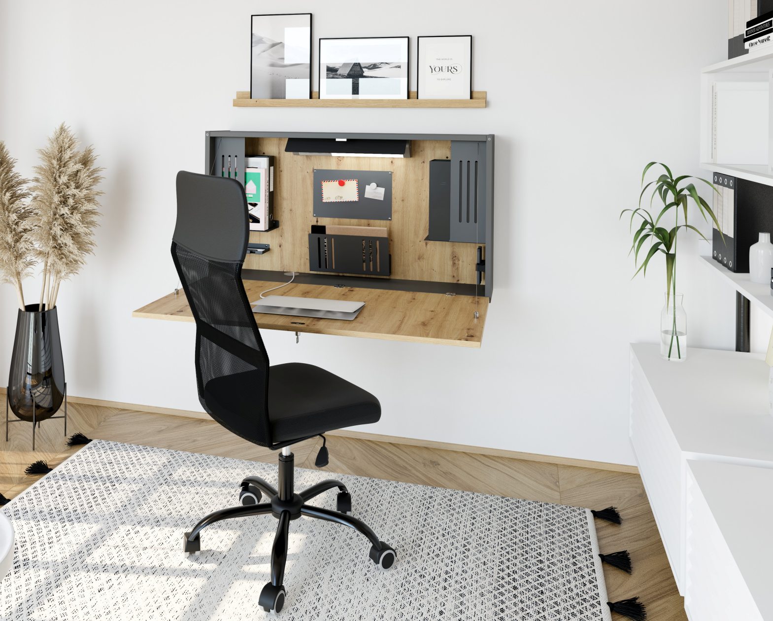 Wandschreibtisch mit aufklappbarer, abschließbarer Arbeitsplatte und LED-Beleuchtung, Steckdoden, USB-Ports