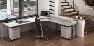 Homeoffice-Möbel-Set Winkelschreibtisch höhenverstellbar, bequemer Schreibtischstuhl, Rollcontainer