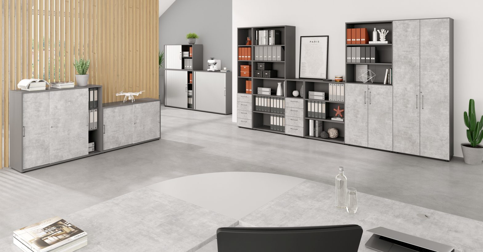 moderne Büroschränke in 6 Ordnerhöhen graphitfarben Türen in Beton-Optik