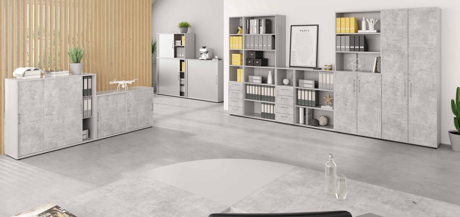 moderne Büroschränke hellbrau Türen in Beton-Optik