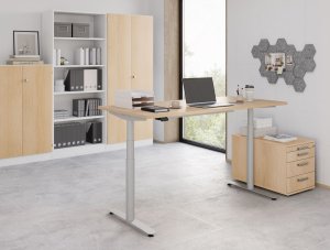 Sitz- u. Stehschreibtisch Holztischplatte weiß mit weißen Büromöbel in Ahorn-Holzdekor