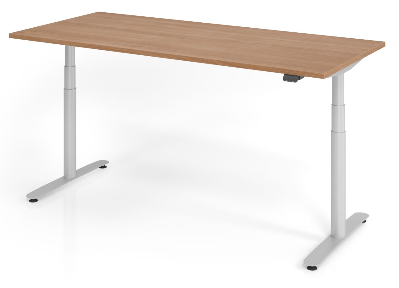 massiver Sitz-Stehschreibtisch mit großem Kabelkanal Tischplatte Nussbaum Stahlgestell silber