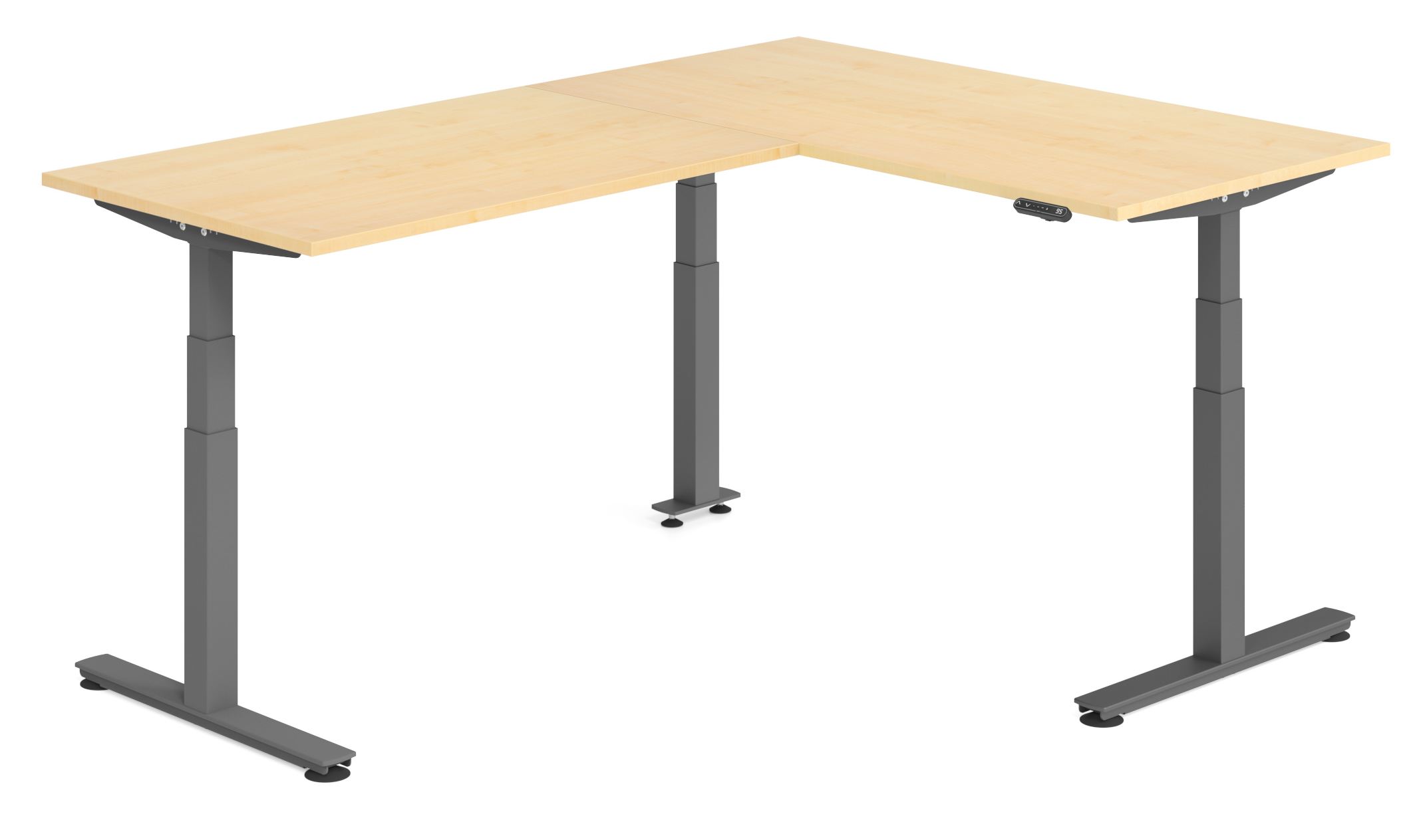 winkelförmiger Sitz-Stehbürotisch mit USB- / Stromanschluß
