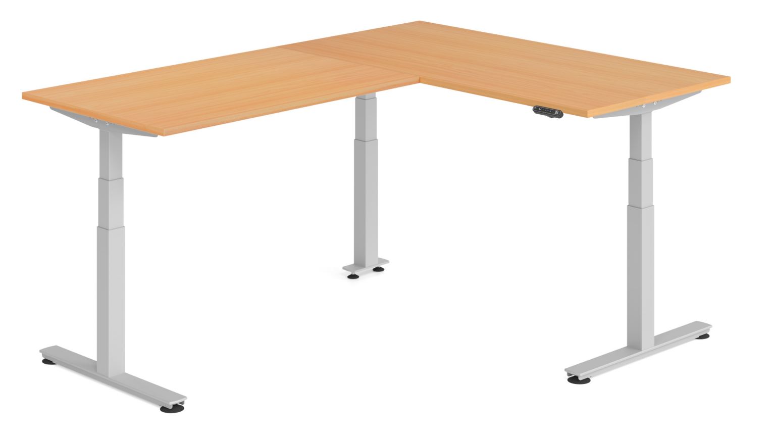 winkelförmiger Sitz-Stehbürotisch mit großer Arbeitsfläche