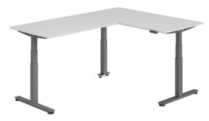 großflächiger Sitz- und Stehschreibtisch, speicherbare Tischöhen