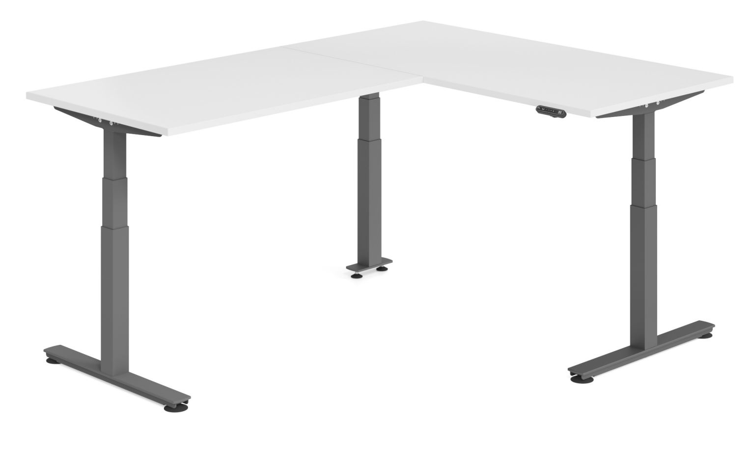 winkelförmiger Sitz- und Stehschreibtisch massiv große Arbeitsfläche, speicherbare Tischhöhe