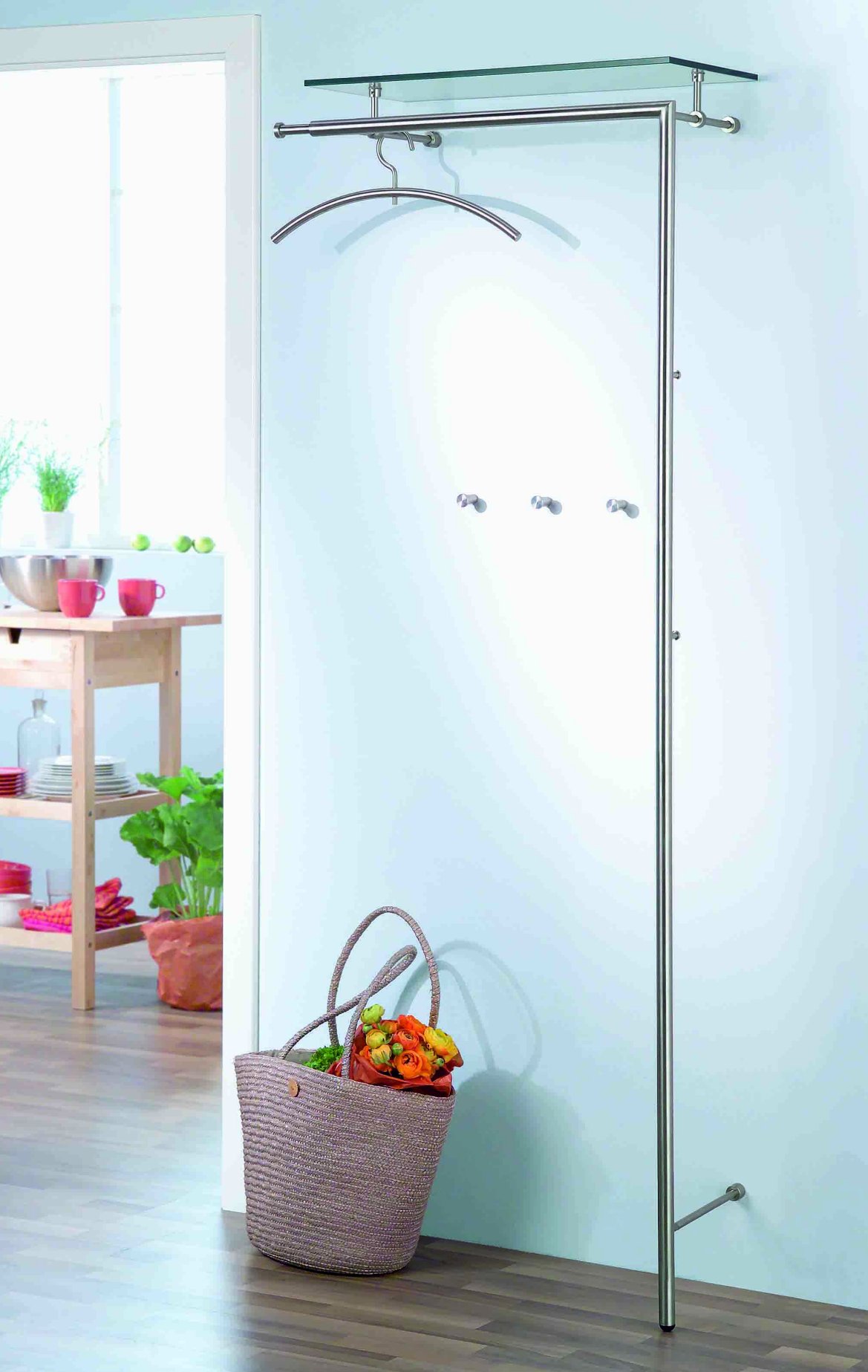 Edelstahl-Wandgarderobe Garderobenstange ausziehbar Hutablage Klarglas