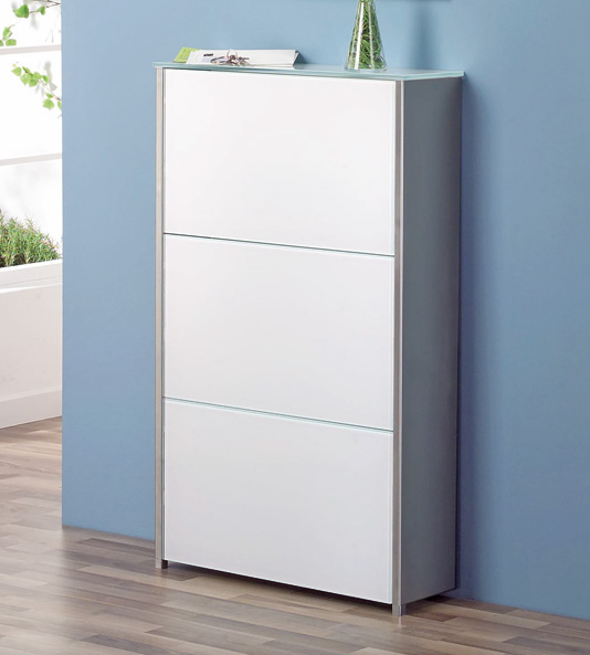 eleganter Schuhschrank aus Edelstahl und Weißglas