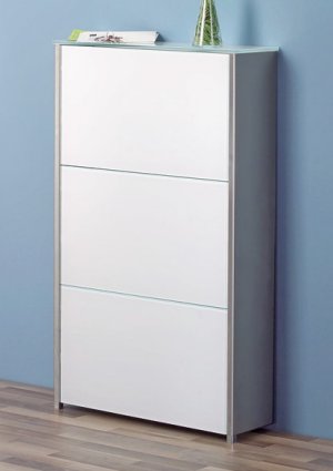 eleganter Schuhschrank aus Edelstahl und Weißglas
